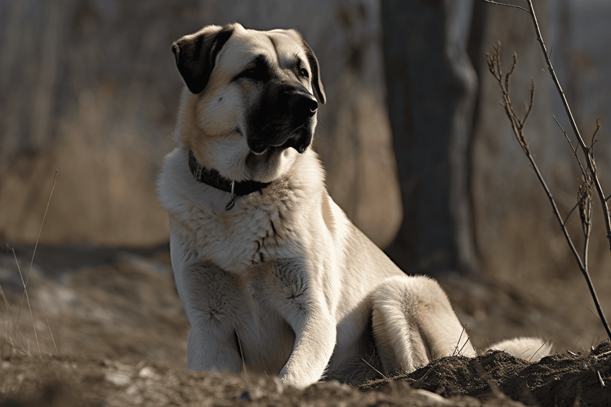 Adorable large breed dog resting in wooded area during daytime.