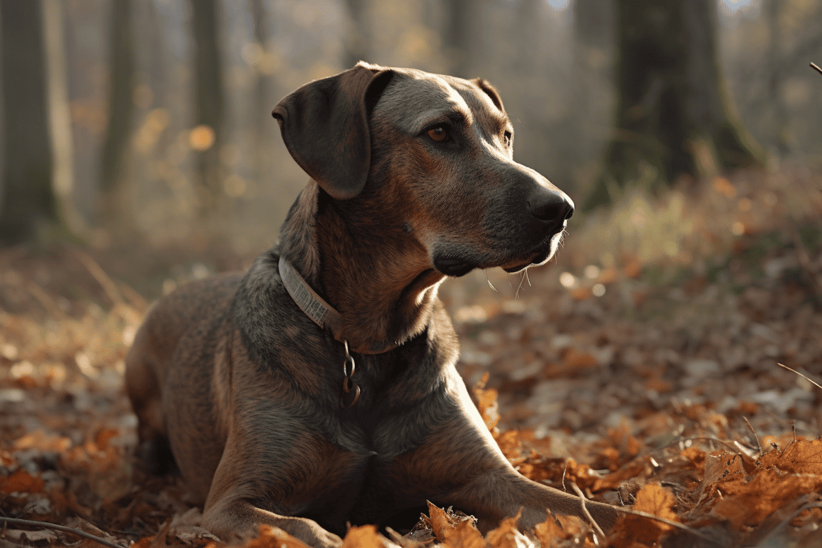 Dog sitting in fall leaves.