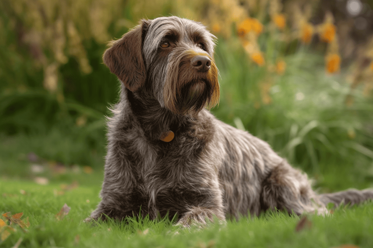 High-quality image of a Labrador Retriever with a shaggy coat lying on a grassy area during autumn.