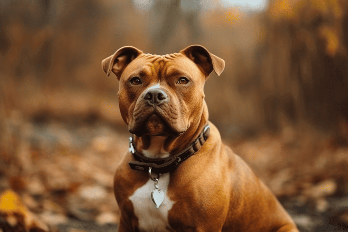 Dog fixing.com, Bulldog in natural autumn setting, friendly and attentive dog.