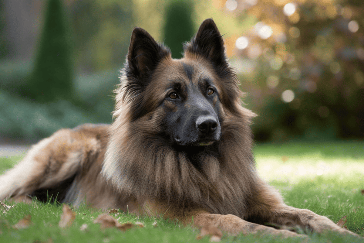 Elegant dog lying in the grass, outdoor scenery with blurred trees in the background.