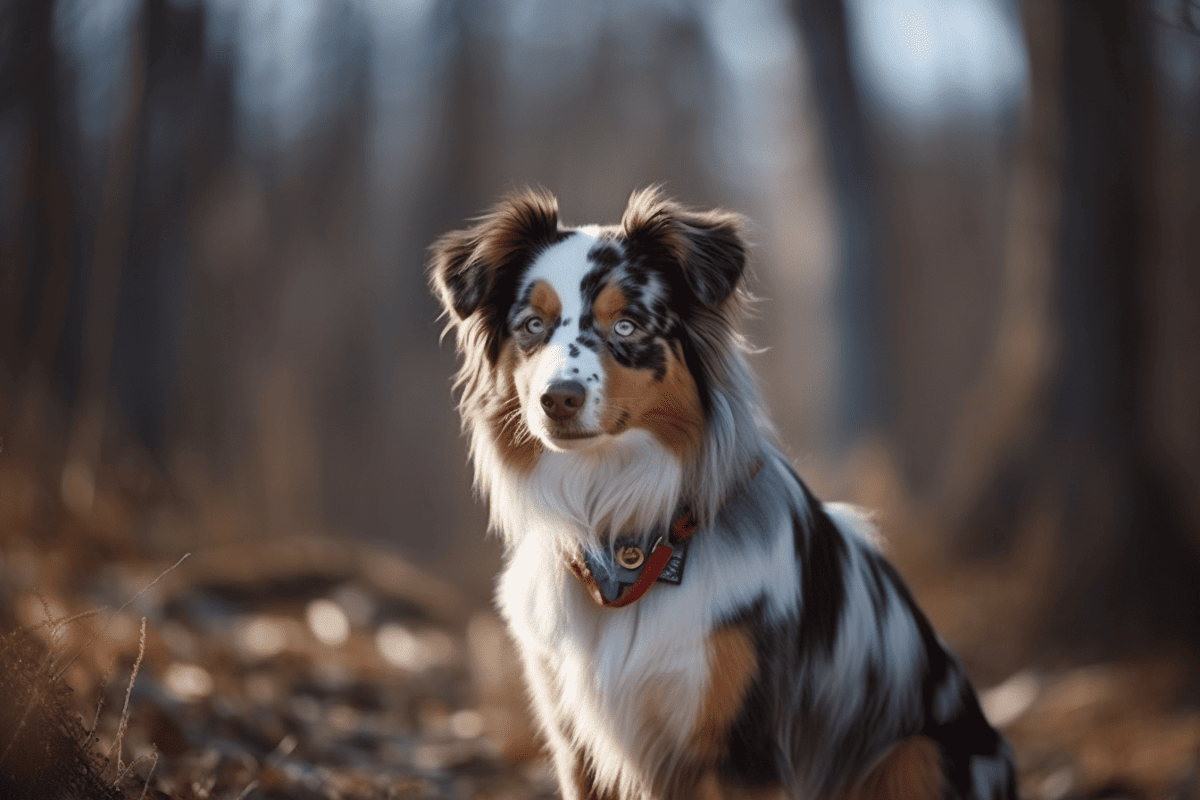 Dog with striking merle coat and blue eyes in a forest background.
