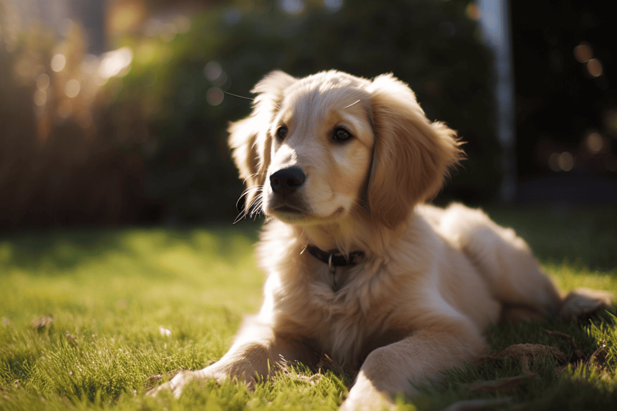 Adorable golden retriever puppy resting outdoors on green grass with warm sunlight.