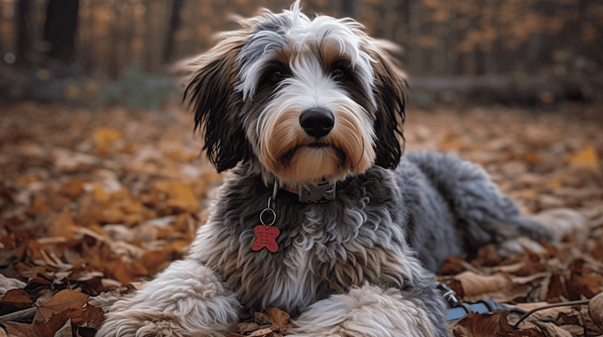 Cute dog lying on autumn leaves outdoors.