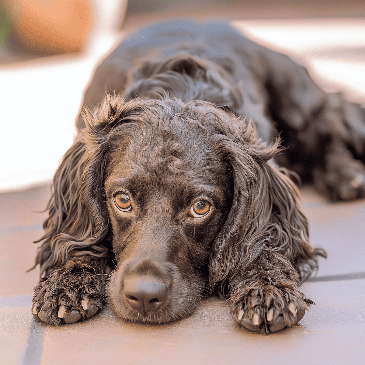 Adorable brown Cocker Spaniel puppy lying on the patio, showcasing soft, wavy fur. Perfect image for dog care and pet health needs.