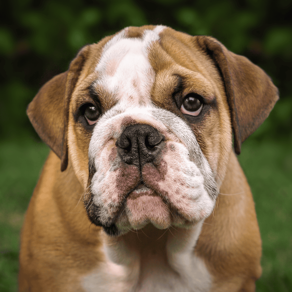 Close-up image of a playful bulldog puppy's face, showing signature wrinkles and soulful eyes.