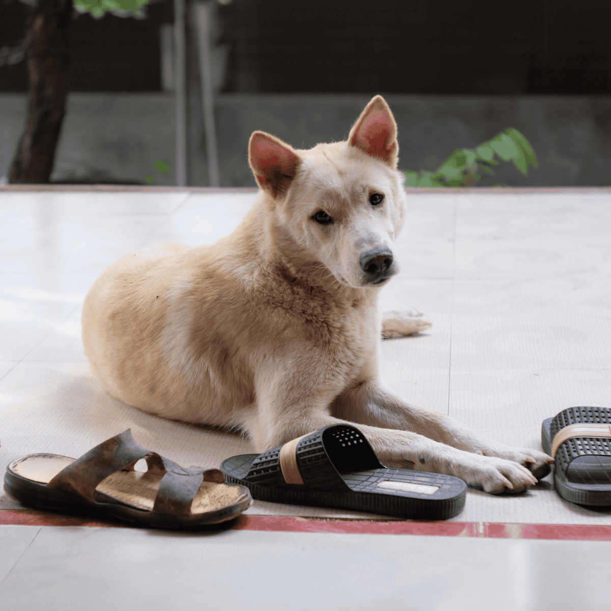 Adorable husky puppy lying on a dog bed with slippers nearby.