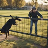 Playful dog jumping over fence during training session.