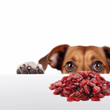 Dog with dried cranberries and healthy snacks.