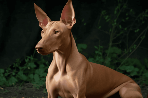 Elegant hairless dog breed, Sphynx poised outdoors, showcasing sleek skin and large ears.