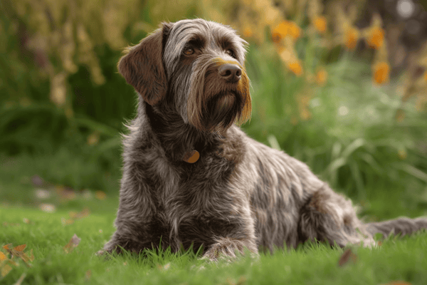 High-quality image of a Labrador Retriever with a shaggy coat lying on a grassy area during autumn.