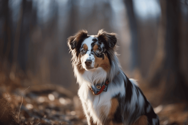 Dog with striking merle coat and blue eyes in a forest background.