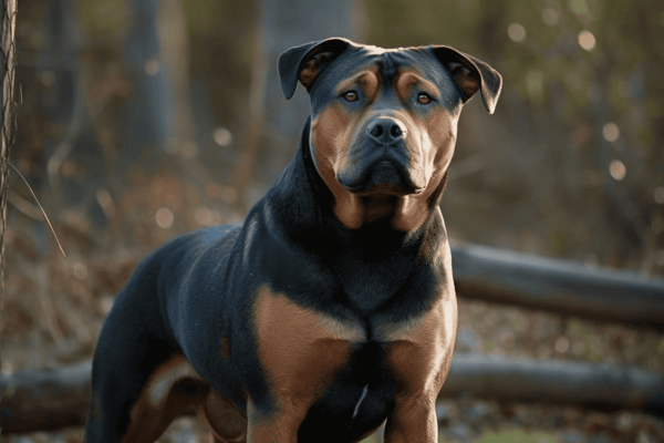 A strong and alert Rottweiler dog standing outdoors among trees, showcasing its muscular build and attentive expression.