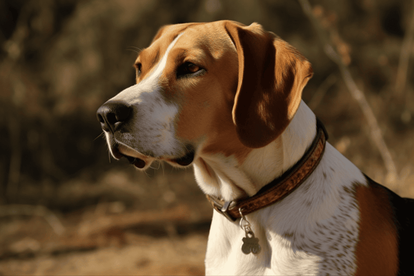 A close-up of a Beagle dog outdoors, showcasing its alert expression and distinctive coat pattern.
