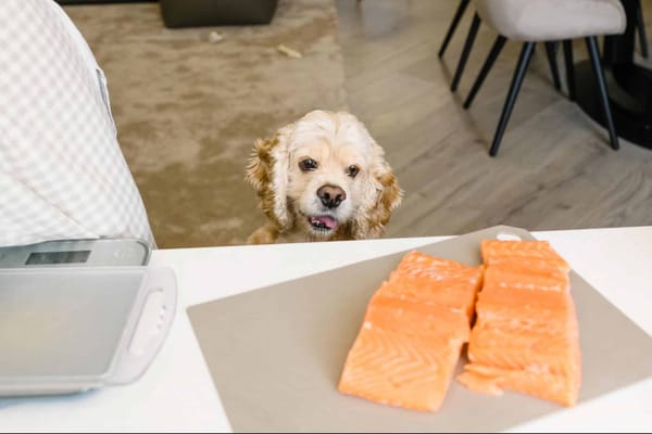 Cute dog looking at salmon fillets on counter, eager for a treat.