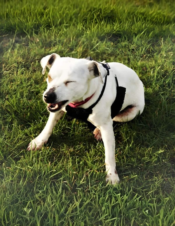 Happy dog smiling and sitting on lush green grass.