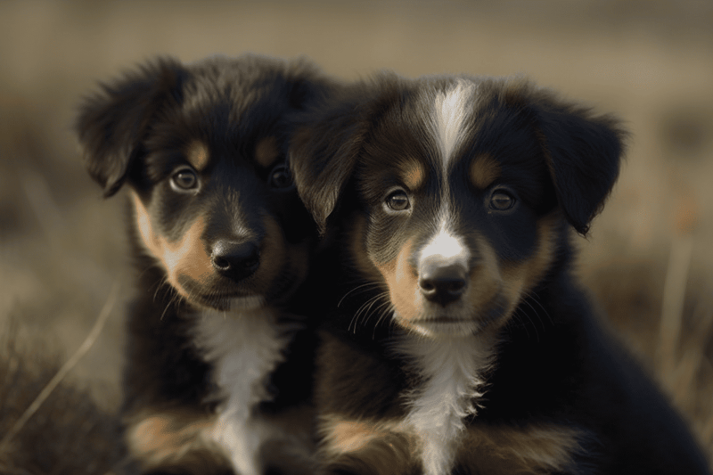 Adorable Australian Shepherd puppies sit closely together, showcasing their beautiful tri-color coats and expressive eyes.