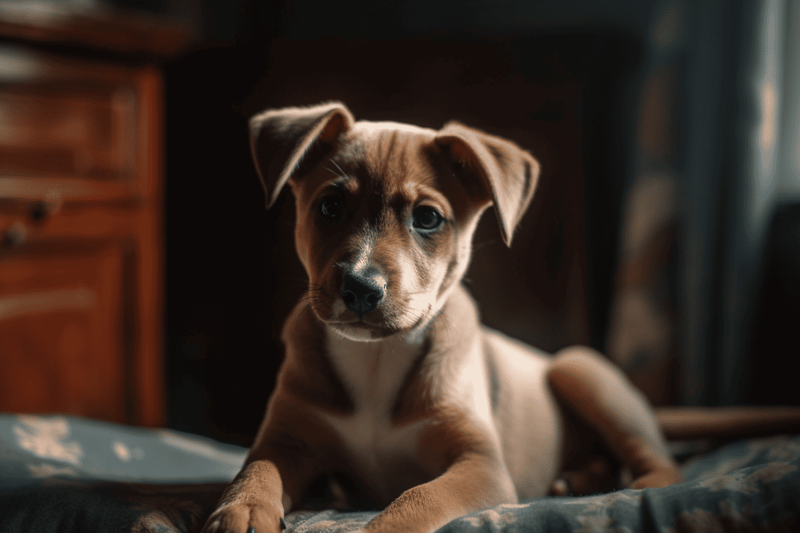 Adorable puppy relaxing indoors on cozy bed in warm lighting.