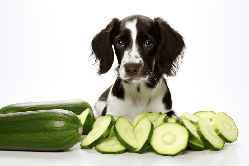 Adorable black and white puppy sitting among fresh cucumber slices. Perfect healthy snack for dogs.
