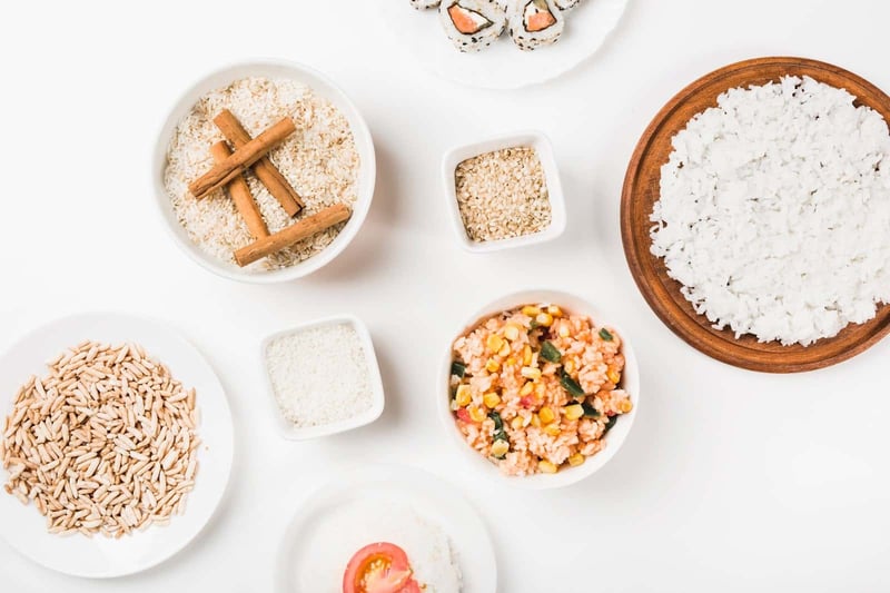 Fresh dog food ingredients, including rice, vegetables, and grains, for healthy pet nutrition and meals.
