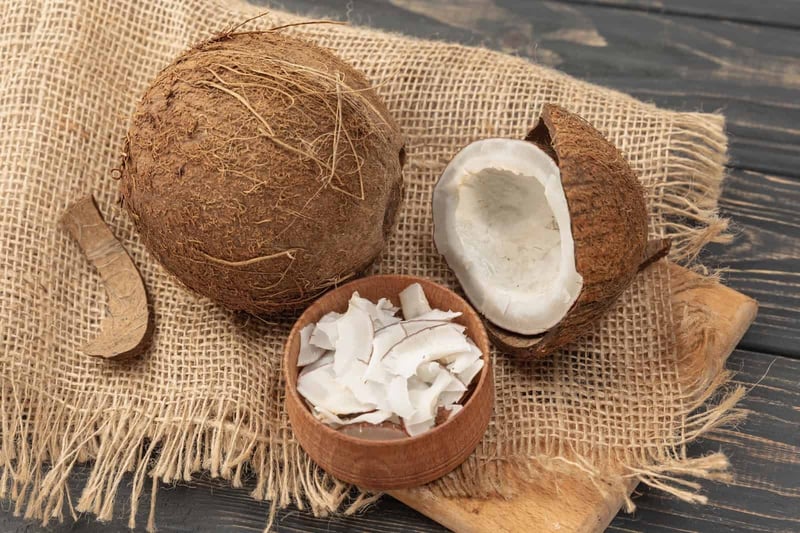 Fresh coconut and shredded coconut on wooden board, healthy dog treat option.
