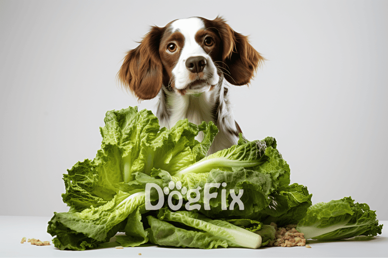 Cute dog with lettuce and vegetables, promoting healthy pet food and wellness.