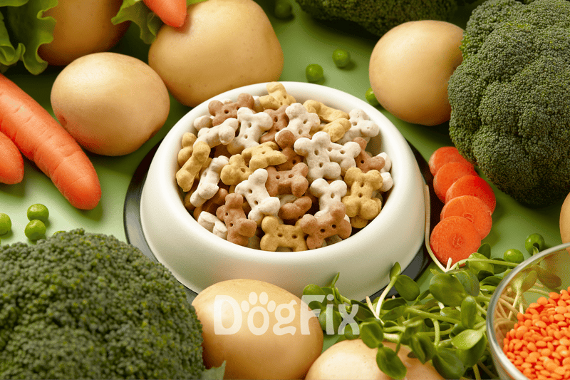 Dog treats in various colors and shapes placed among fresh vegetables and greens.