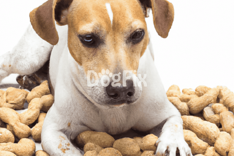 Dog eating dog food with dog poop and rawhide treats.