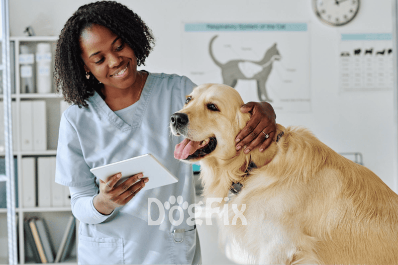 Vet caring for retriever dog during health check at veterinary clinic.