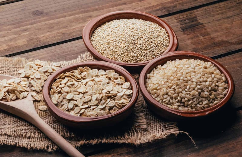 Healthy dog food grains in bowls for balanced nutrition.