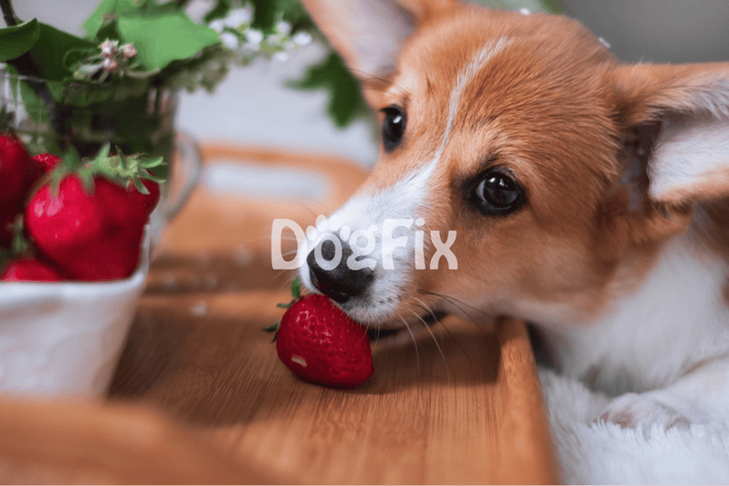 Close-up of adorable puppy licking a fresh strawberry, showcasing healthy dog snacks and pet nutrition.