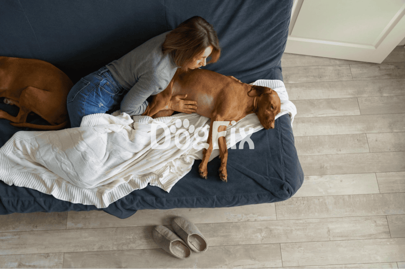 Dog snuggling with owner on cozy pet sofa.