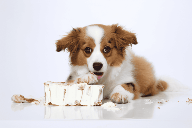Adorable puppy enjoying a tasty treat from a cake, showcasing dog-friendly snacks and puppy feeding advice.