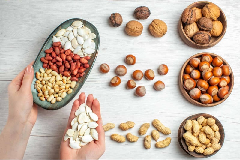 Dog healthy nuts and seeds snack ingredients, including peanuts, almonds, and hazelnuts.