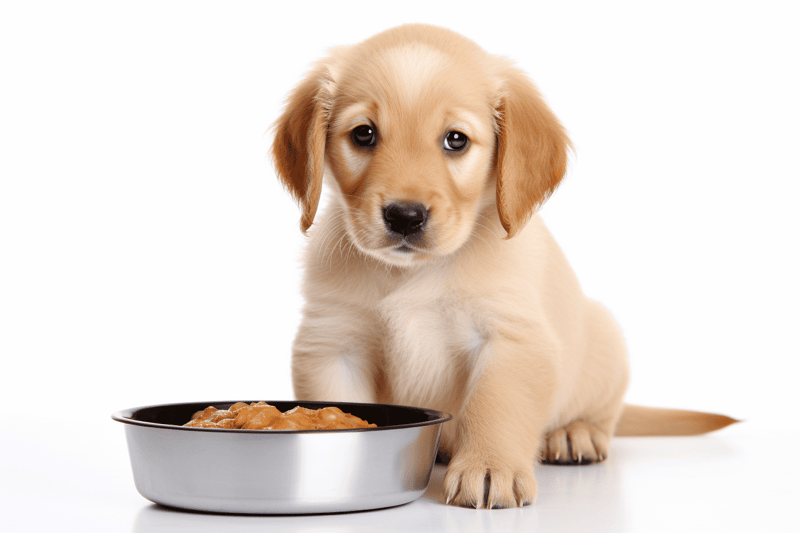 Adorable golden retriever puppy sitting next to a bowl of puppy food, looking up.
