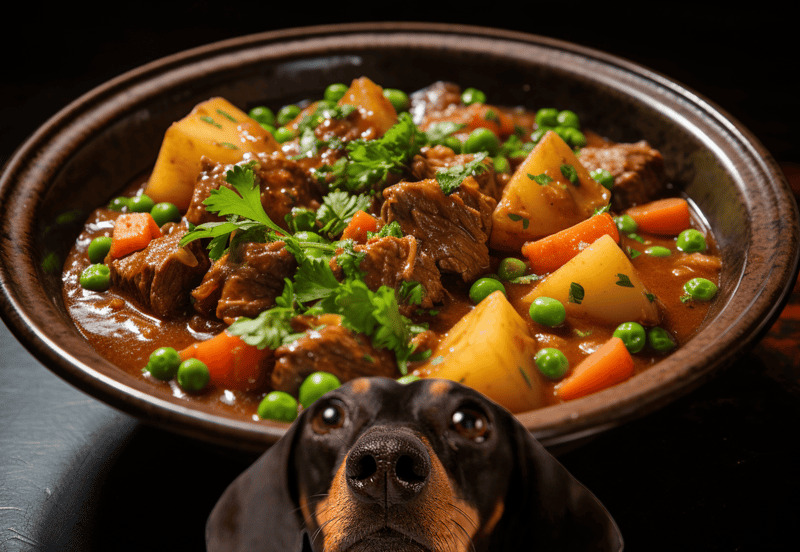Delicious beef stew surrounded by fresh vegetables, with a curious dog in the foreground.