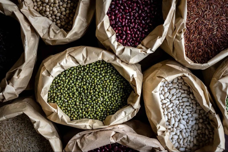 High-quality grains and beans in paper bags for natural dog nutrition and wellness.