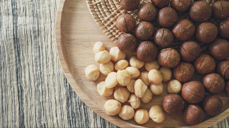 Close-up of fresh and roasted hazelnuts on a wooden tray, perfect for healthy eating or nutritious dog treats.