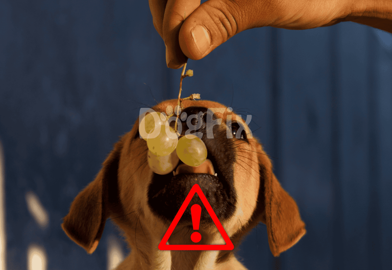 A dog trying to eat grapes being held above its mouth, highlighting pet food safety hazards.
