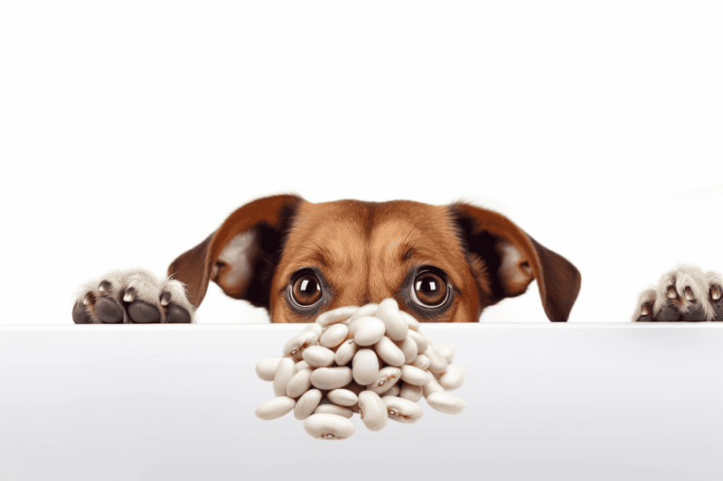 Adorable puppy peeking over white surface with beans in foreground, emphasizing playful pet food focus.