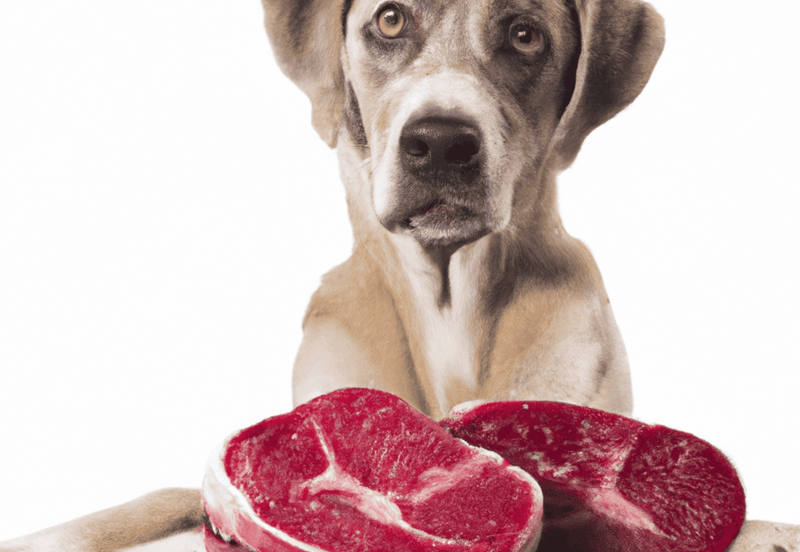 Adorable dog with raw meat cuts, promoting pet nutrition and high-quality dog food options.