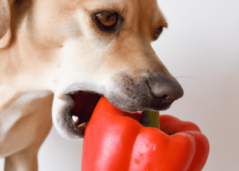 Dog eating red bell pepper, healthy pet snack, dog nutrition, pet wellness.