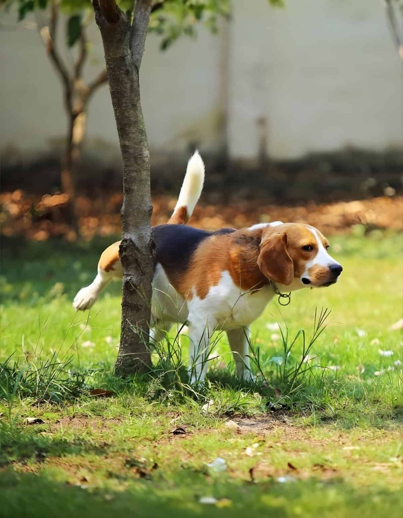 Adorable beagle dog exploring garden under tree canopy.