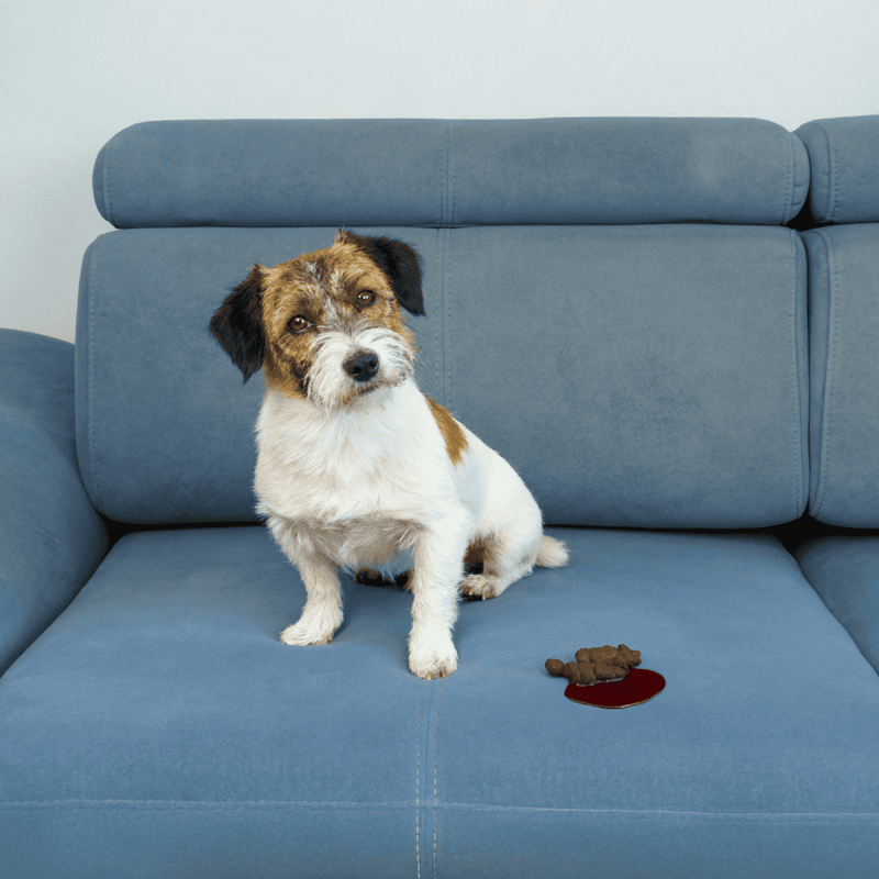 Dog falling, cut open with blood, on a blue sofa demonstrating pet emergency scenarios.