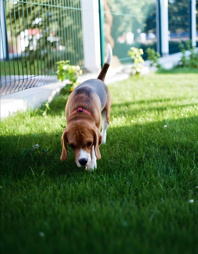 Dog exploring lush green grass in backyard, playful puppy enjoying outdoor activity, garden-safe pet environment.
