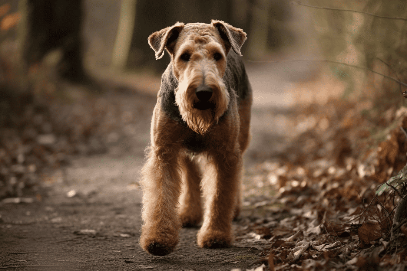 Dog running freely on a dirt path surrounded by fall leaves.