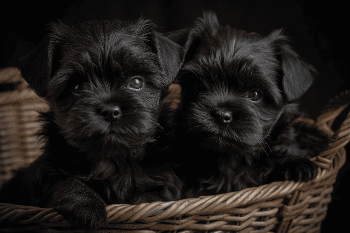 Cute black puppies in a cozy basket, perfect for dog care and grooming tips.