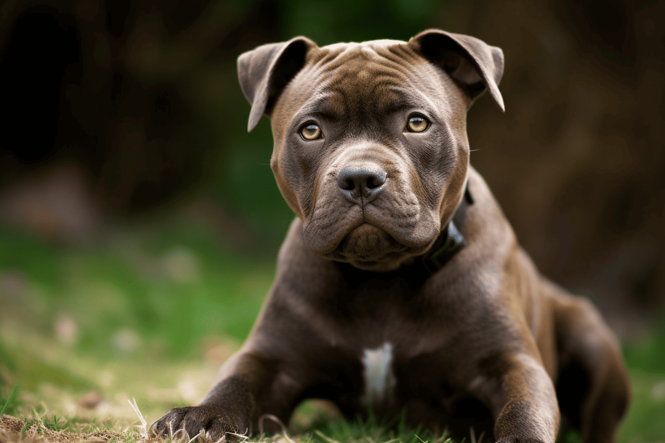 Cute brown Pitbull puppy with piercing eyes resting outdoors.