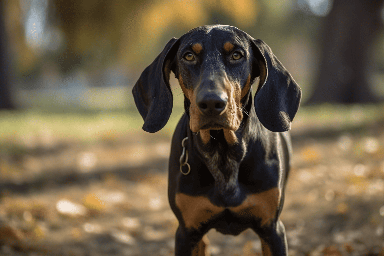 Noble black and tan coonhound puppy enjoying a walk in outdoors, surrounded by trees and nature.