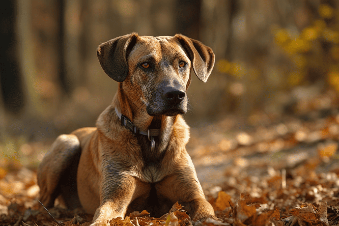 Dog lying in fallen leaves, peaceful woodland scene.